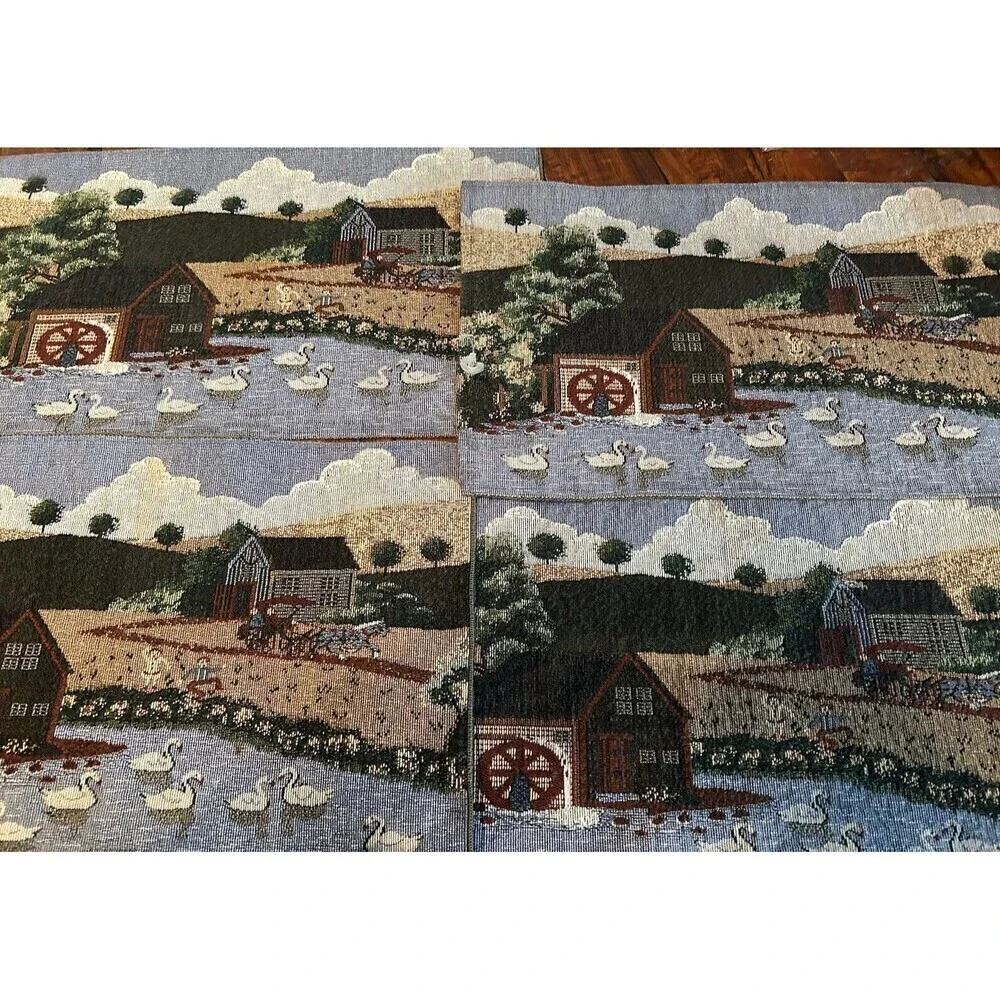 Set 4 Vintage Country Farm Watermill Pond Swans Patriotic Tapestry Placemats